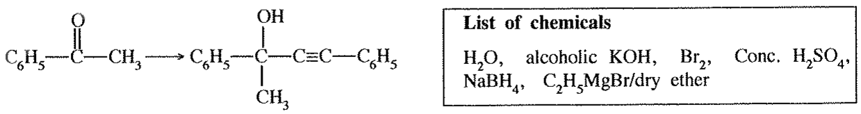 C_6H_5COCH_3 → C_6H_5C(OH)(CH_3)C≡CC_6H_5, with the list of chemicals