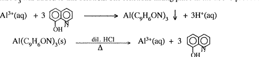 Al^{3+}(aq) + 3 oxine → Al(C_9H_6ON)_3↓ + 3H^+(aq); Al(C_9H_6ON)_3(s) —dil. HCl, Δ→ Al^{3+}(aq) + 3 oxine