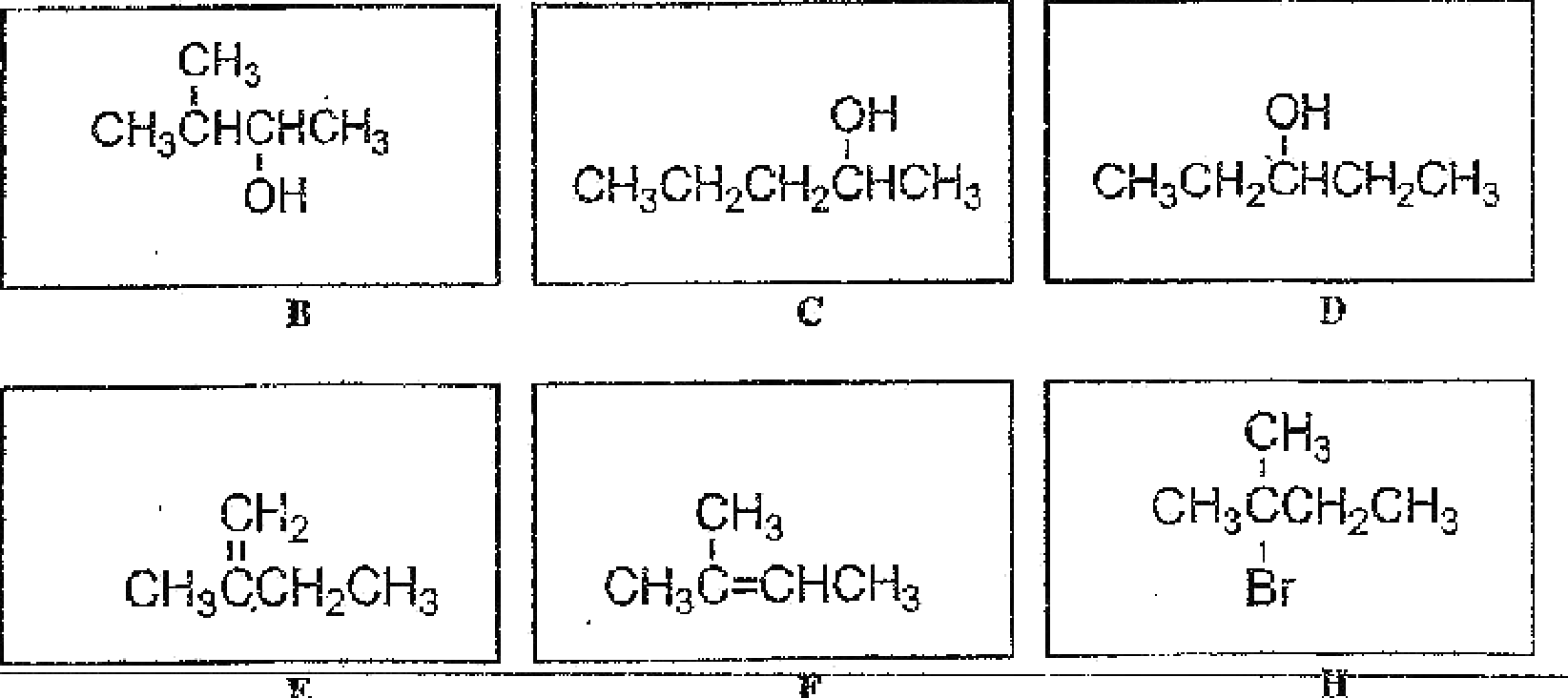 Structures of B, C, D, E, F and H (marking scheme)