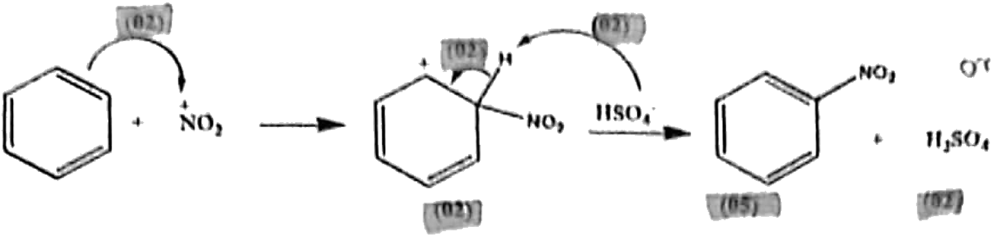Attack of ^{+}NO_2 on benzene, the arenium ion, and loss of H^+ to HSO_4^{−}