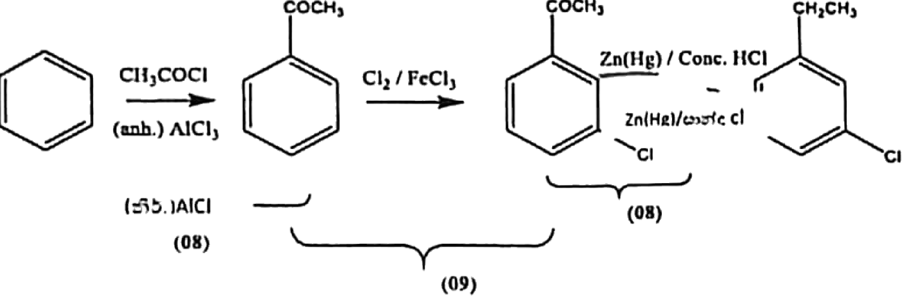 Scheme answer for (d)(i). The handwritten Sinhala annotations repeat the reagents: (anh.) AlCl_3 and Zn(Hg)/conc. HCl.
